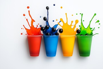 Poster - Four cups of different colors with a splash of color in the middle. The cups are filled with different colored drinks. color honeysuckle boba tea explosion on a white background