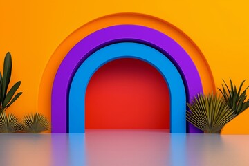 Poster - Red archway with blue and purple arches. A plant is in front of the archway. orange background room space