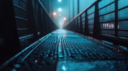 Aufkleber - A nighttime scene featuring a well-lit walkway in the midst of a bustling city, perfect for urban or nightlife-themed projects