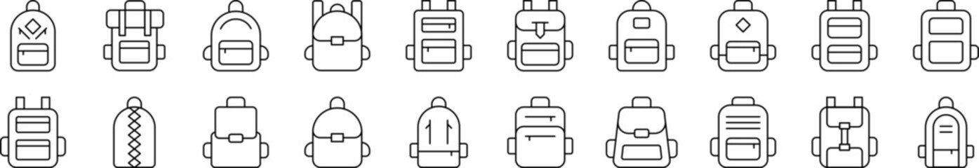 Poster - Schoolbag, Bag for Tracking and Hiking Outline Icon Collection. Editable Stroke. Perfect for Infographics, Articles, Books, Flyers, Banners