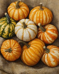 Poster - close small pumpkins on woven fabric