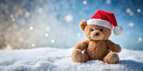 Aufkleber - A festive teddy bear wearing a Santa hat sits in the snow with a sparkling winter background