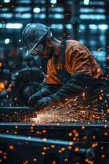 Poster - A person in a hard hat works on a piece of metal