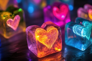 Poster - Clear ice cubes with a heart shape carved out, suitable for Valentine's Day or winter theme images