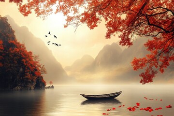 Aufkleber - A small boat floats on the surface of a peaceful lake, surrounded by tall trees