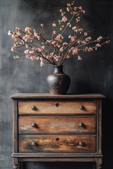 Canvas Print - A vase with flowers sits on top of a dresser, perfect for home decor or as a still life photography prop