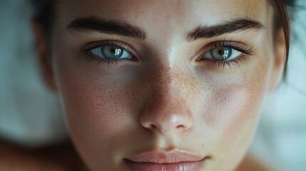 Poster - Close-up shot of a woman's face with visible freckles, great for beauty and lifestyle images