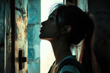 Poster - A woman stands in front of an open door, possibly inviting or considering entry