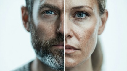 Wall Mural - Portrait of a bearded man and a woman with bright blue eyes, possibly for a romantic or family photo