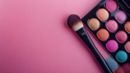 Poster - Makeup tools on a bright pink surface, ready for use