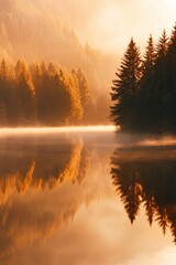 Poster - A serene and misty lake scene with trees in the background