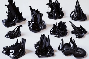 Group of black sculptures sit atop a clean white surface