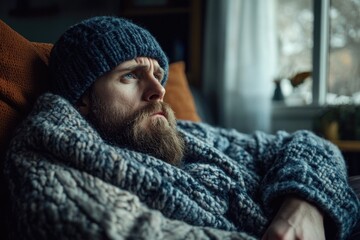 Poster - A close-up portrait of a man with a long beard and a knitted hat, looking directly at the camera