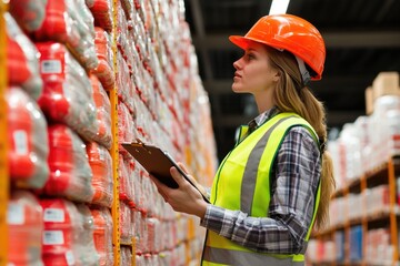 Aufkleber - A woman in a hard hat examines a clipboard on a construction site