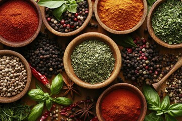 Poster - Assortment of spices in wooden bowls, great for cooking or food styling
