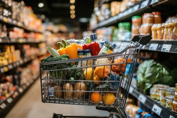 Aufkleber - A full grocery shopping cart with various food items inside a modern grocery store