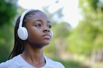 Sticker - A young girl enjoying music in a park