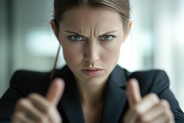 Poster - A professional woman in a business suit gestures towards the camera, conveying confidence and authority