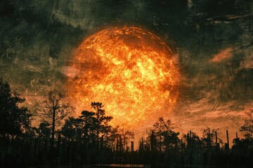 Poster - A serene landscape with the sun setting over a dense forest