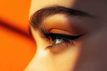 Poster - A close-up shot of a woman's eye against a bright orange background, great for use in illustrations or design projects,