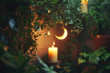 Poster - A lit candle sits next to a potted plant, creating a cozy atmosphere