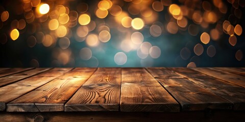 Poster - Rustic Wooden Tabletop with Blurry Golden Lights Background