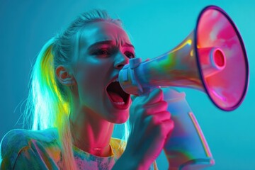 A person shouting through a megaphone, often used for demonstrations or protests