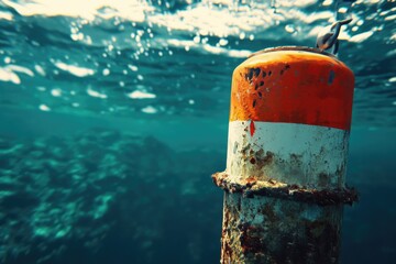 Poster - Buoy floating in calm water, orange and white colors