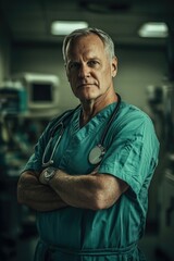 Sticker - A doctor stands in a hospital wearing a stethoscope, ready for examination