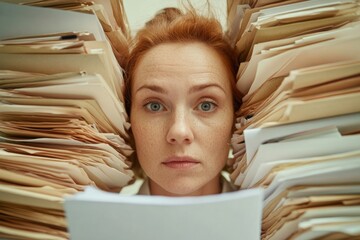 Poster - A person overwhelmed with documents and files, possibly working on a project or dealing with administrative tasks