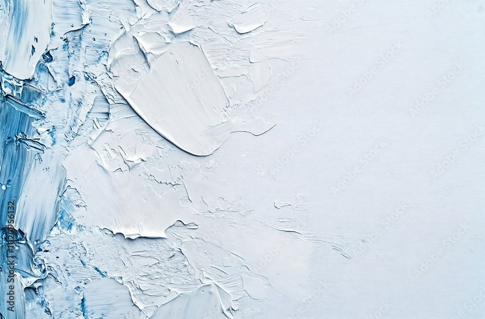 Painting background of textured white and blue oil paint with visible ...