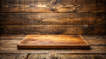 Poster - Rustic wooden cutting board on a weathered wood tabletop with a dark wooden background