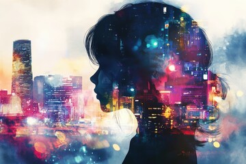 Poster - A woman standing in front of a city skyline, suitable for use on websites and social media about cities and urban life