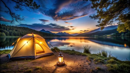Aufkleber - A Luminous Tent Set Against a Breathtaking Mountain Lake Panorama at Twilight
