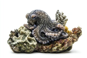Poster - An octopus sits on top of a colorful piece of coral, surrounded by ocean waters