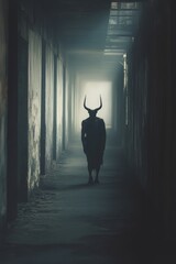 Poster - A bull stands in a dimly lit hallway with a faint light at the end