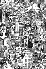 Aufkleber - A black and white drawing of an urban city landscape with buildings, streets, and architecture