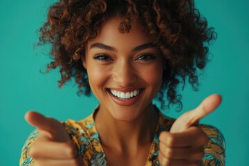 Canvas Print - Portrait of happy woman with curly hair and a thumbs up gesture, ideal for use in positive and uplifting content