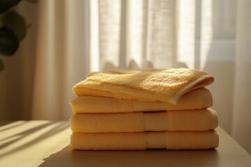 Poster - A stack of yellow towels on top of a wooden table, perfect for a bathroom or kitchen setting