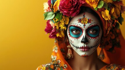 Aufkleber - A woman wearing sugar skull makeup and flowers in her hair, a vibrant and colorful scene