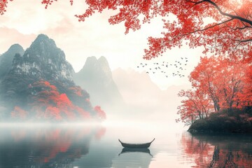 Poster - A peaceful lake scene with a small boat and lush trees