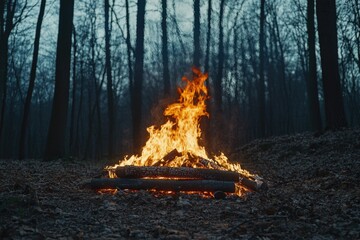Aufkleber - A raging fire in the midst of a dense forest, surrounded by towering trees and thick smoke