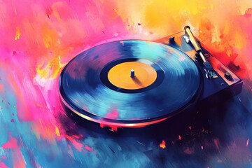 Poster - A vinyl record spins on a vintage turntable, perfect for music-themed designs and nostalgic illustrations
