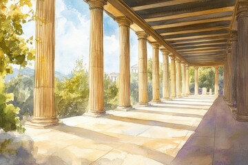 Poster - Rows of columns with lush green trees behind