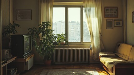 Poster - Cozy home interior with comfortable seating and a large window for natural light