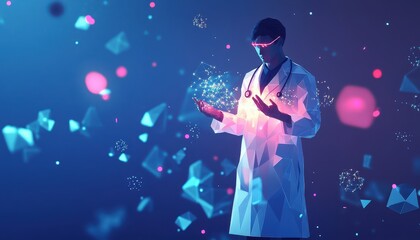 Aufkleber - A Polygonal Doctor Holding A Digital Network Of Data