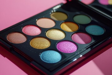 Poster - A close-up shot of a paint palette on a pink surface, perfect for creative projects or design concepts