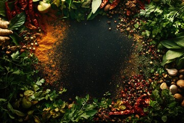 Poster - A collection of spices and herbs arranged in a circular pattern against a dark background