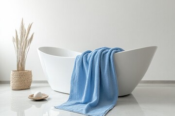 Aufkleber - A clean and empty white bathtub with a blue towel draped over the side, ready for use