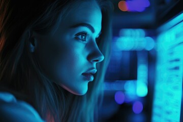 Poster - A person sitting in front of a computer in a dimly lit room, focused on the screen